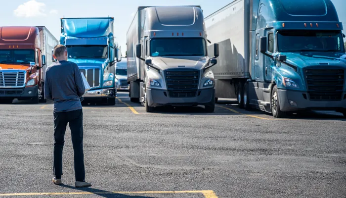 Man standing in front of a row of four freight trucks